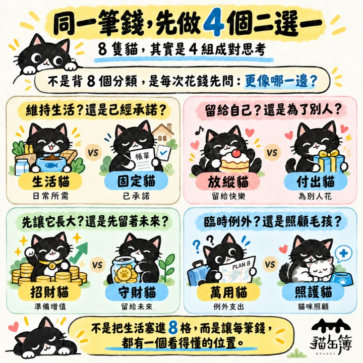 同一筆錢，先做 4 個二選一：8 隻貓，其實是 4 組成對思考。不是背 8 個分類，是每次花錢先問：更像哪一邊？維持生活？還是已經承諾？生活貓，日常所需；固定貓，已承諾。留給自己？還是為了別人？放縱貓，留給快樂；付出貓，為別人花。先讓它長大？還是先留著未來？招財貓，準備增值；守財貓，留給未來。臨時例外？還是照顧毛孩？萬用貓，例外支出；照護貓，貓咪照顧。不是把生活塞進 8 格，而是讓每筆錢，都有一個看得懂的位置。