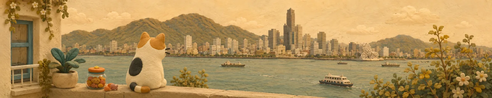 高雄港灣與山景前，一隻三花貓坐在花草陽台上眺望渡輪與城市