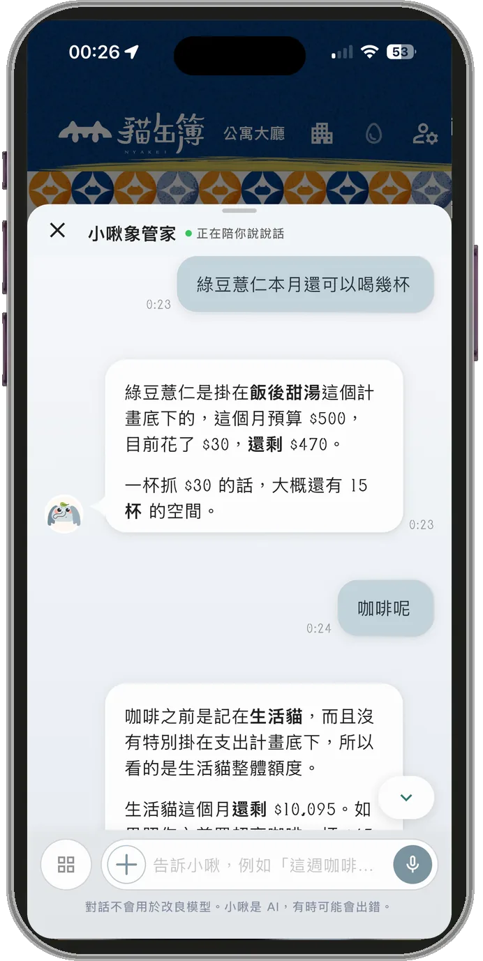 問小啾綠豆薏仁本月還可以喝幾杯，小啾說它掛在「飯後甜湯」計畫底下，這個月預算 500 元、花了 30 元、還剩 470 元，一杯 30 元大概還能喝 15 杯；接著問咖啡，小啾改看生活貓整體，還剩 10,095 元